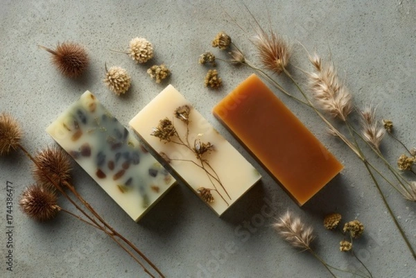Fototapeta Three handmade botanical soaps with embedded dried flowers and herbs on a grey textured surface, depicting natural skincare