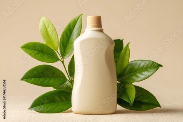 Fototapeta Sustainable product mockup featuring a blank beige bottle with green leaves on a minimal background, focusing on natural and eco friendly concepts