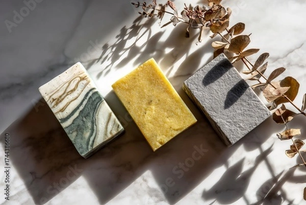 Fototapeta Three handmade natural soap bars on white marble with eucalyptus leaves and dappled sunlight, promoting wellness and skincare