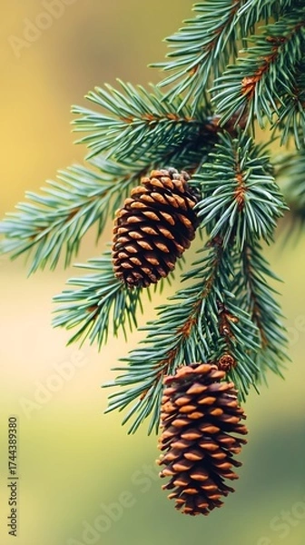 Fototapeta Green Pine Branch with Two Brown Pine Cones Macro Shot