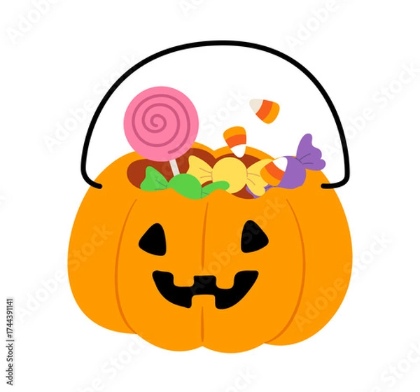 Obraz Cute pumpkin basket with candies isolated on white background. Flat vector illustration for Trick or treat activity in Halloween Day.
