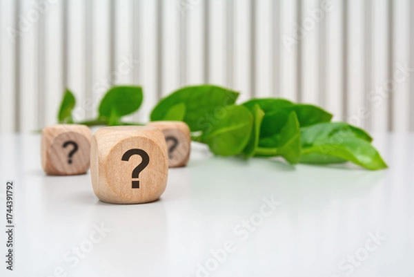Fototapeta Wooden blocks with question marks on white desk and green leaves in background