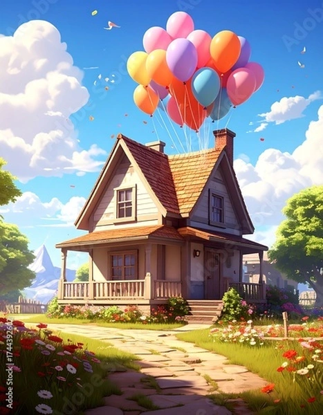 Fototapeta A small house floats on colorful balloons in a sunny, idyllic landscape