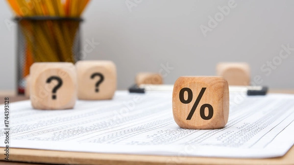 Fototapeta wooden cube with percent sign and question marks on financial document in office