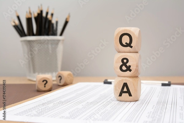Fototapeta wooden cubes stacked with Q and A letters on office desk with financial papers.