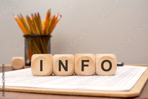 Fototapeta Wooden blocks forming word INFO on office desk with financial documents and pencils.