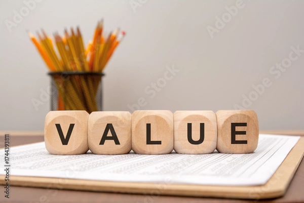 Fototapeta Wooden cubes spelling VALUE on financial document with pencils behind