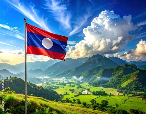 Fototapeta Lao flag waving over a scenic valley. Lush green rice paddies stretch out beneath a mountainous landscape, with a clear blue sky dotted with clouds