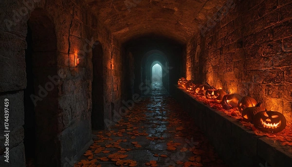 Obraz Passaggio sotterraneo inquietante con fila di Jack-o'-lantern minacciose e pavimento coperto di foglie autunnali.