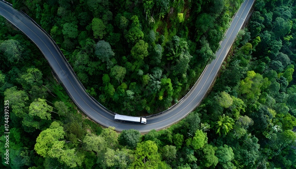Fototapeta Aerial view semi truck trailer cargo on mountain curve road, Semi truck trailer cargo business logistic transportation on green forest road curve, Semi truck delivery asphalt road green forest tree.