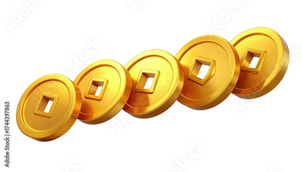 Obraz Golden Chinese coins in a row, slightly angled, with square holes, against black