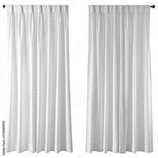 Fototapeta Two identical white curtains hang from a rod against a black background. The fabric is pleated