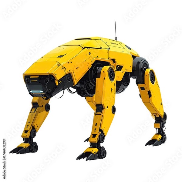Obraz A yellow robotic quadruped with mechanical legs, a boxy torso, and a front sensor