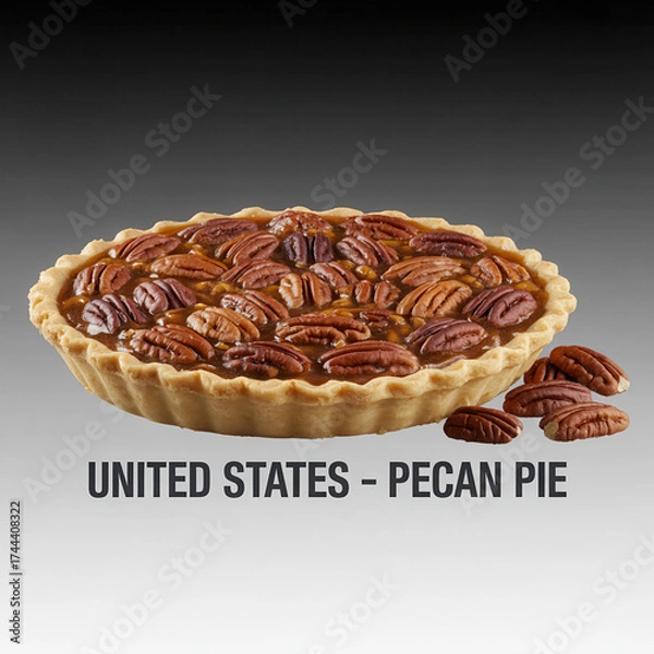 Fototapeta Classic pecan pie topped with glossy roasted nuts and extra pecans beside crust