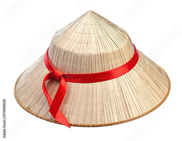 Fototapeta Conical woven hat with red ribbon, a traditional style, isolated on black