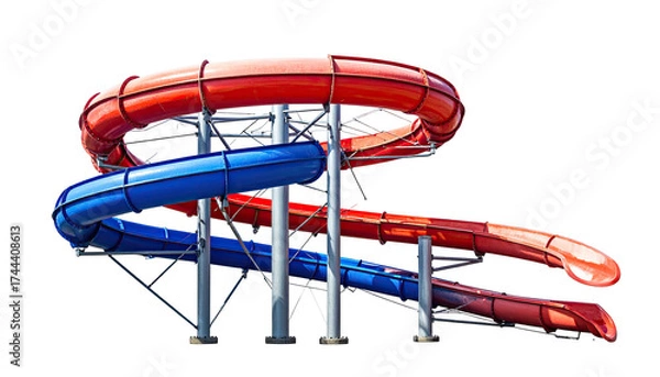 Fototapeta A colorful, twisting water slide with red and blue tubes against a transparent background