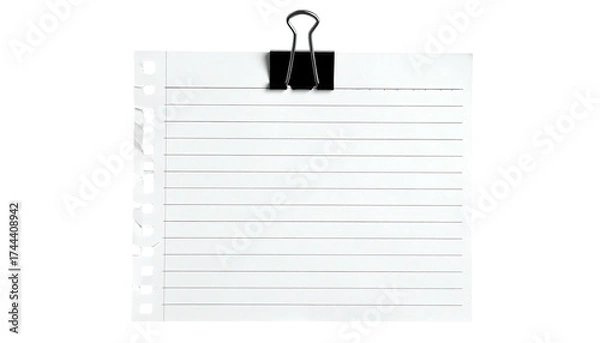Fototapeta White ruled paper clipped at the top, with a black binder clip, against a black backdrop