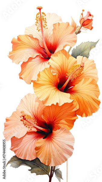 Obraz Rendered arrangement of three blooming flowers with long stamens and green leaves