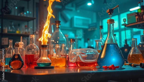 Fototapeta Laboratory setup with colored liquids and flames on table  