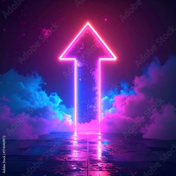Obraz Neon arrow pointing upwards through vibrant clouds