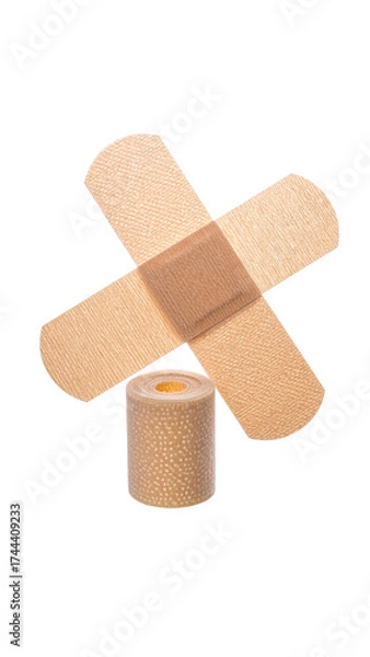 Obraz A roll of medical tape and two adhesive bandages arranged against a black backdrop