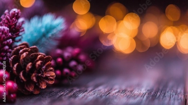 Fototapeta Beautiful arrangement of pinecones and colorful bokeh lights for winter decor