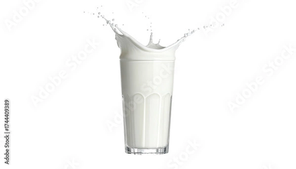 Fototapeta A tall glass of white liquid with a dynamic splash rising above, set against a stark black background