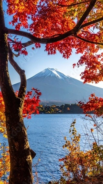 Obraz Autumnal view of Mount Fuji through vibrant foliage