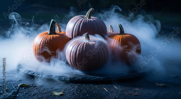 Fototapeta Eerie Halloween scene of colorful pumpkins enveloped in mysterious swirling smoke and fog at night. A spooky and atmospheric autumn still life, perfect for a magical or scary holiday background.