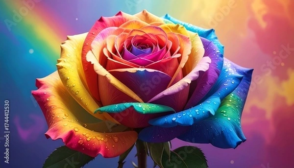 Obraz Vibrant rainbow rose, dew drops, bokeh