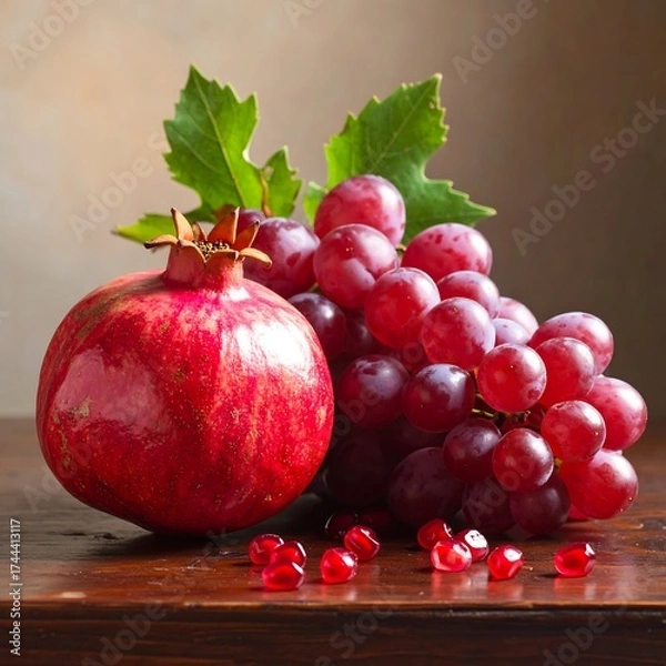 Fototapeta Still life of a pomegranate and red grapes on a wooden surface