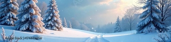 Fototapeta Magical Winter Wonderland Frosted Trees and Glistening Snowdrifts in an Ethereal Setting, Perfect for Holiday and Fantasy Projects