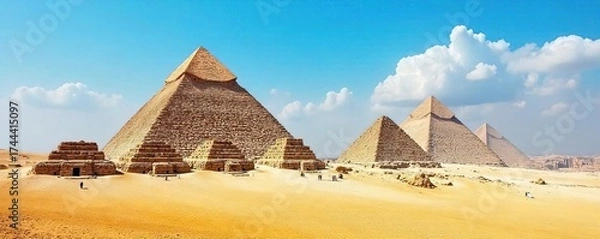Fototapeta Majestic Giza Pyramids under a Vibrant Blue Sky An Awe-Inspiring View of Ancient Egypts Timeless Monuments in the Sahara Desert.  A breathtaking travel destination.