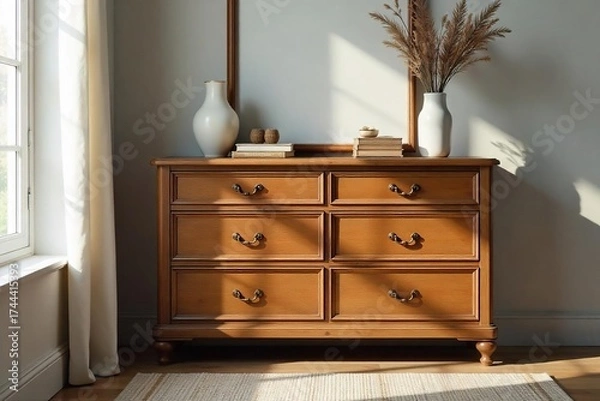 Fototapeta Elegant Cherry Wood Six-Drawer Dresser in a Classic Bedroom Setting, offering ample storage for clothing and accessories in a stylish and organized way.