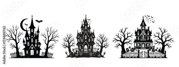 Fototapeta Creepy Manor and Bat Silhouette Collection: Perfect for Halloween Invitation, Banner, or Border Design