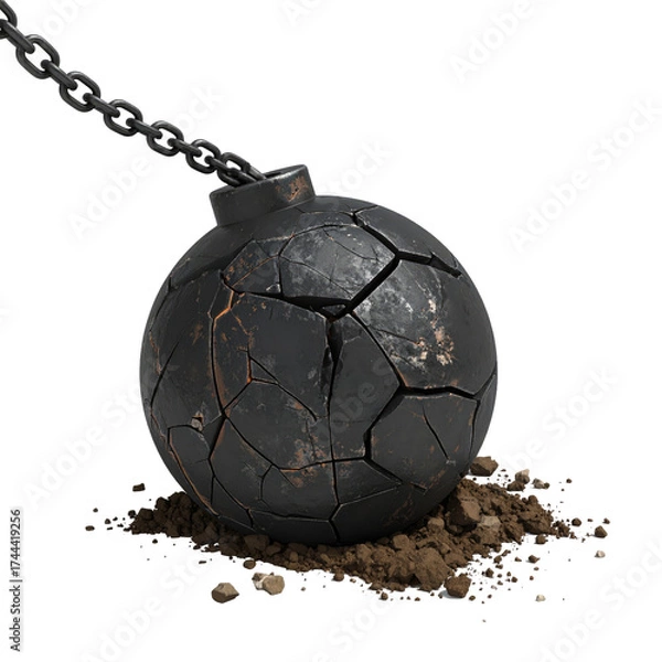 Fototapeta A cracked, dark iron wrecking ball suspended by a chain, resting on a small pile of dirt
