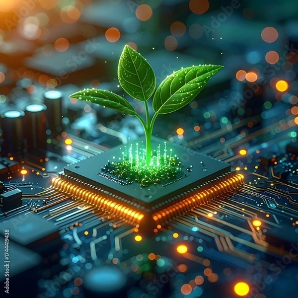 Obraz A vibrant sprout emerges from a computer chip, highlighting sustainable tech
