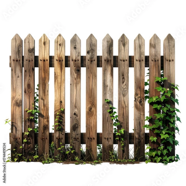 Fototapeta Aged wooden fence with pointed tops, partially covered in green ivy against a black background