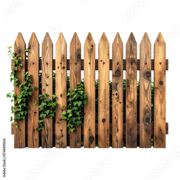 Fototapeta Weathered wooden fence with pointed tops, partly covered in green ivy, against a dark background