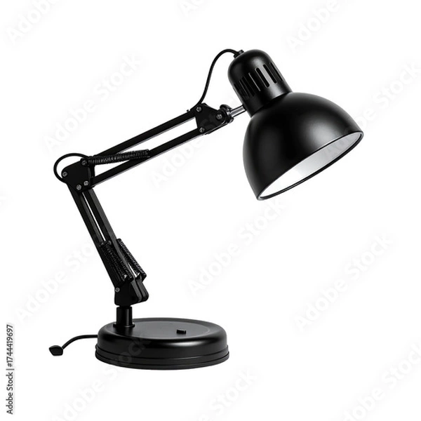 Fototapeta Black adjustable desk lamp with a rounded shade, cord, and articulated arm, isolated on black