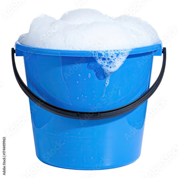 Fototapeta A blue bucket overflows with white foamy bubbles against a stark black background