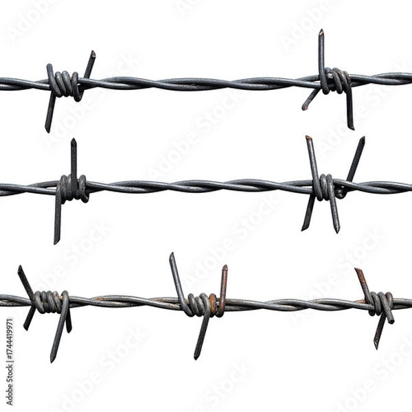 Fototapeta Close-up of several strands of barbed wire against a stark black background