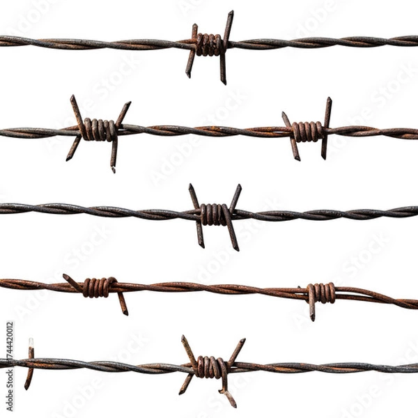 Fototapeta Close-up of several rusty barbed wire strands against a stark black background