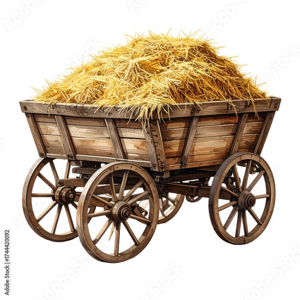 Fototapeta A rustic wooden cart brimming with golden hay, rendered with painterly digital techniques