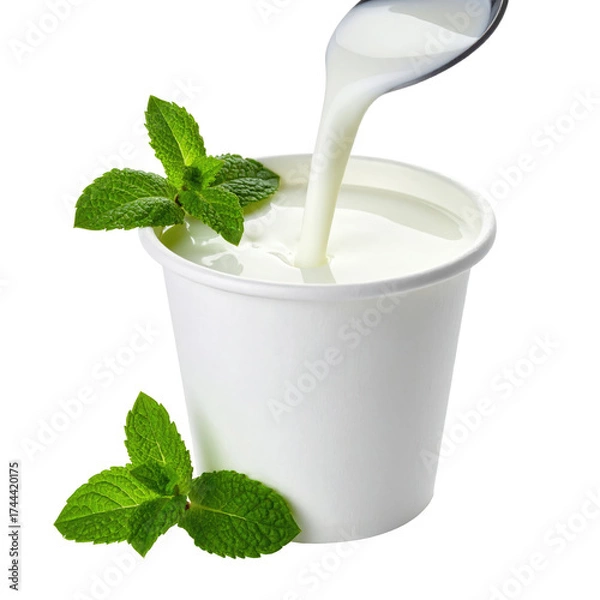 Fototapeta A scoop of creamy yogurt being poured from a spoon into a white paper cup with mint