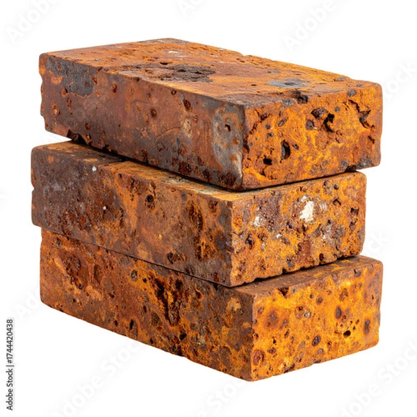 Fototapeta Stack of three rectangular, heavily rusted building bricks with porous surfaces