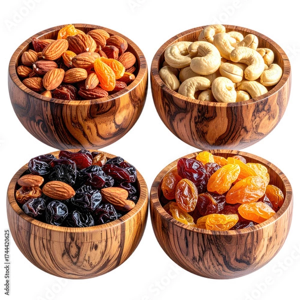 Fototapeta Four wooden bowls containing assorted nuts and dried fruits arranged symmetrically against black