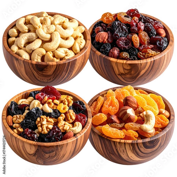 Fototapeta Four wooden bowls filled with assorted nuts and dried fruits, a healthy and colorful snack