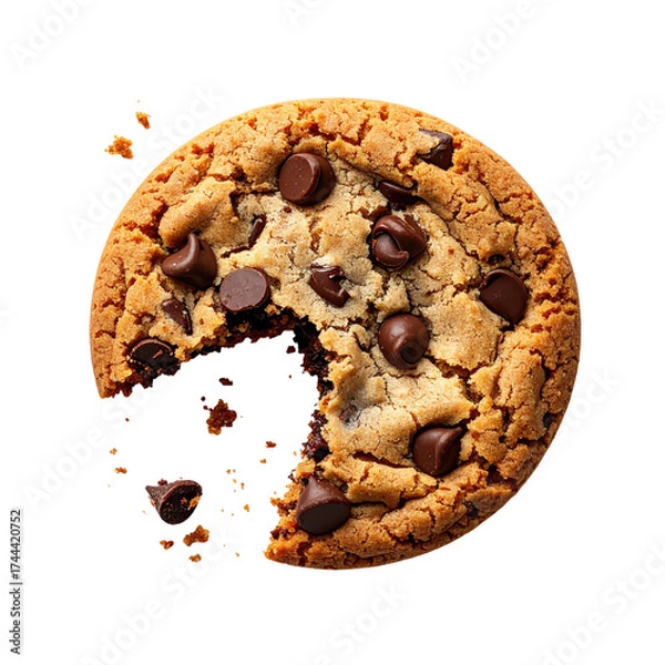 Fototapeta Overhead view of a partially eaten, round, chocolate chip cookie isolated on black