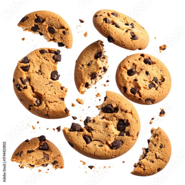 Fototapeta Several levitating golden-brown cookies with chocolate chips and crumbs, on a black background